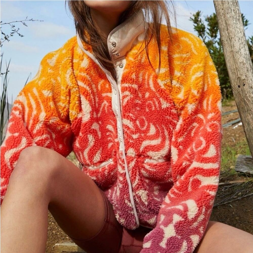 Free People Hit The Slopes Printed Fleece Jacket Marigold Combo Size Small NWT